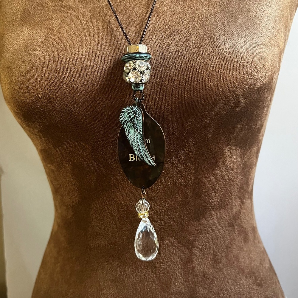 I Am Blessed Angel Wing Crystal Pendant Necklace 25-28 inch Whimsigoth